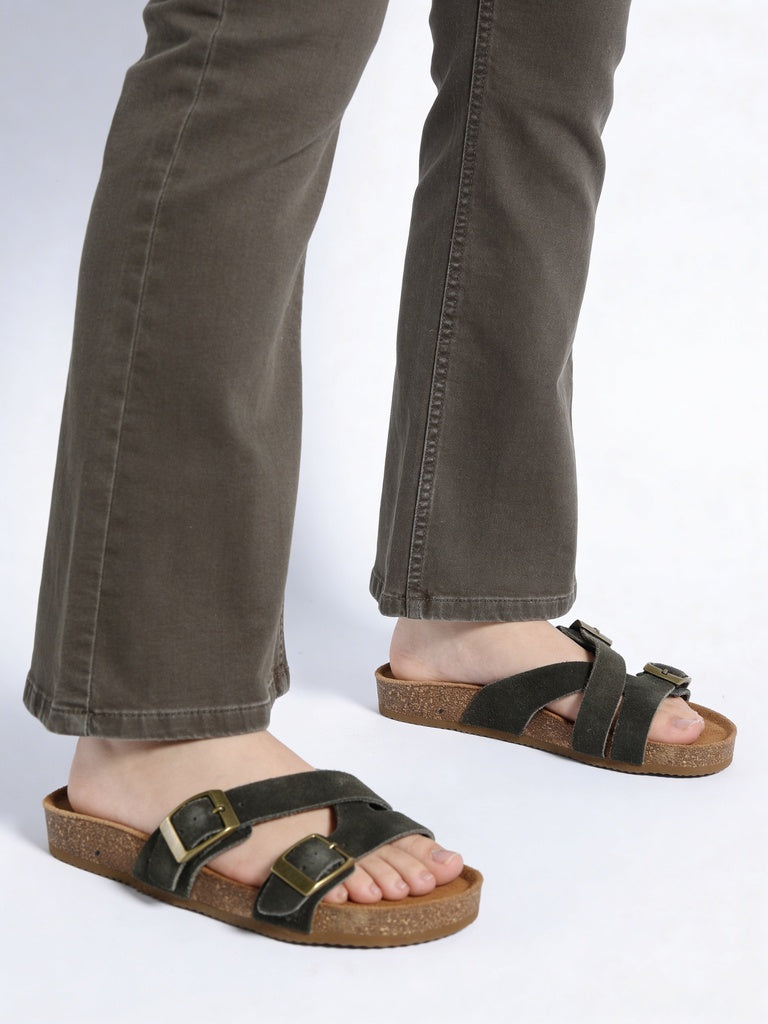 LUNA BLU Olive Crisscross Straps Buckle Detail Flat Sandals