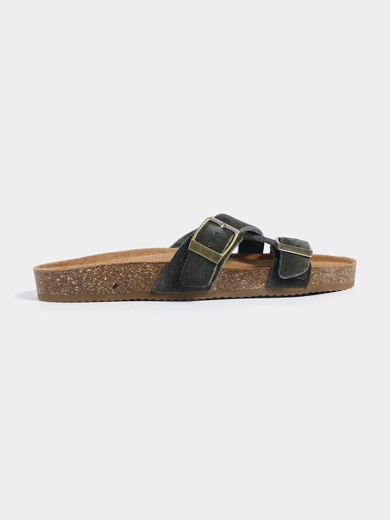 LUNA BLU Olive Crisscross Straps Buckle Detail Flat Sandals