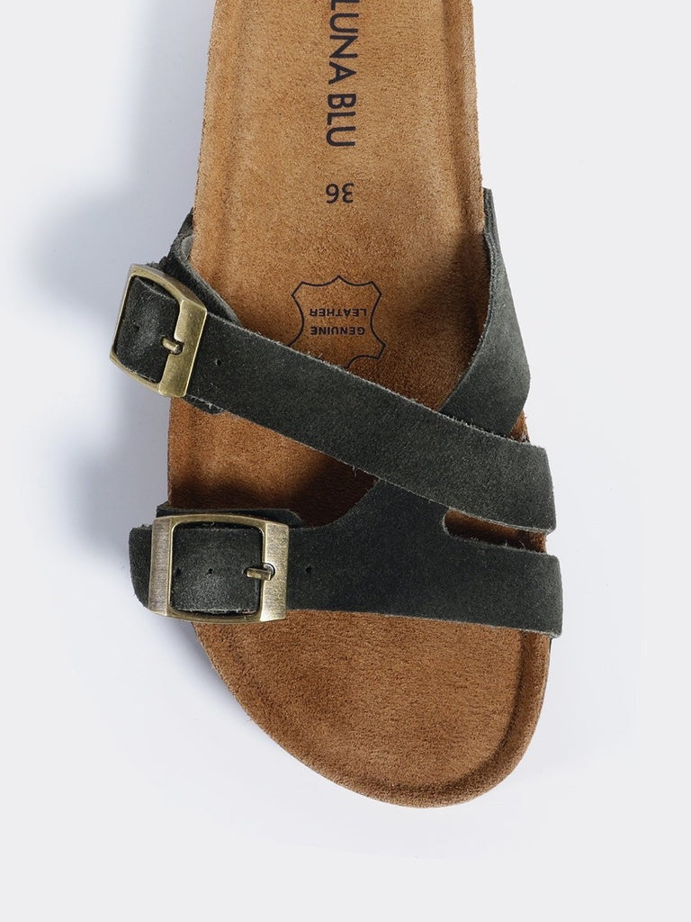 LUNA BLU Olive Crisscross Straps Buckle Detail Flat Sandals