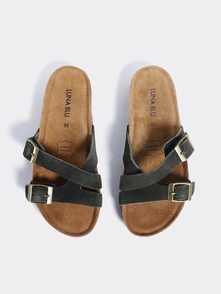 LUNA BLU Olive Crisscross Straps Buckle Detail Flat Sandals
