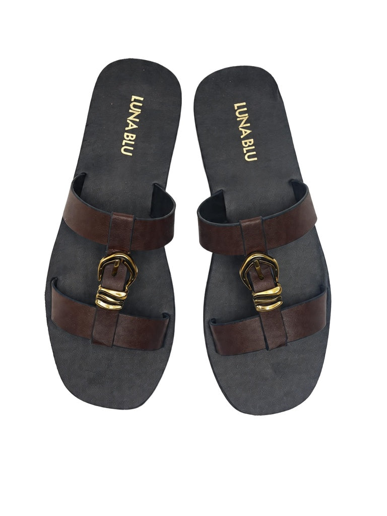 LUNA BLU Burgundy Buckle Detail Flat Sandals