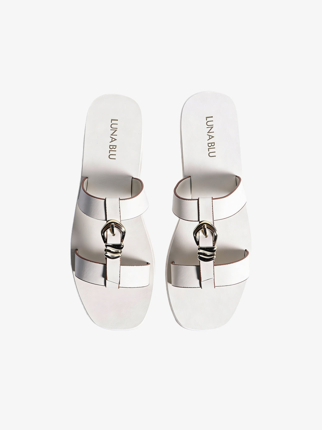 LUNA BLU Ivory Metallic Buckle T-Strap Sandals