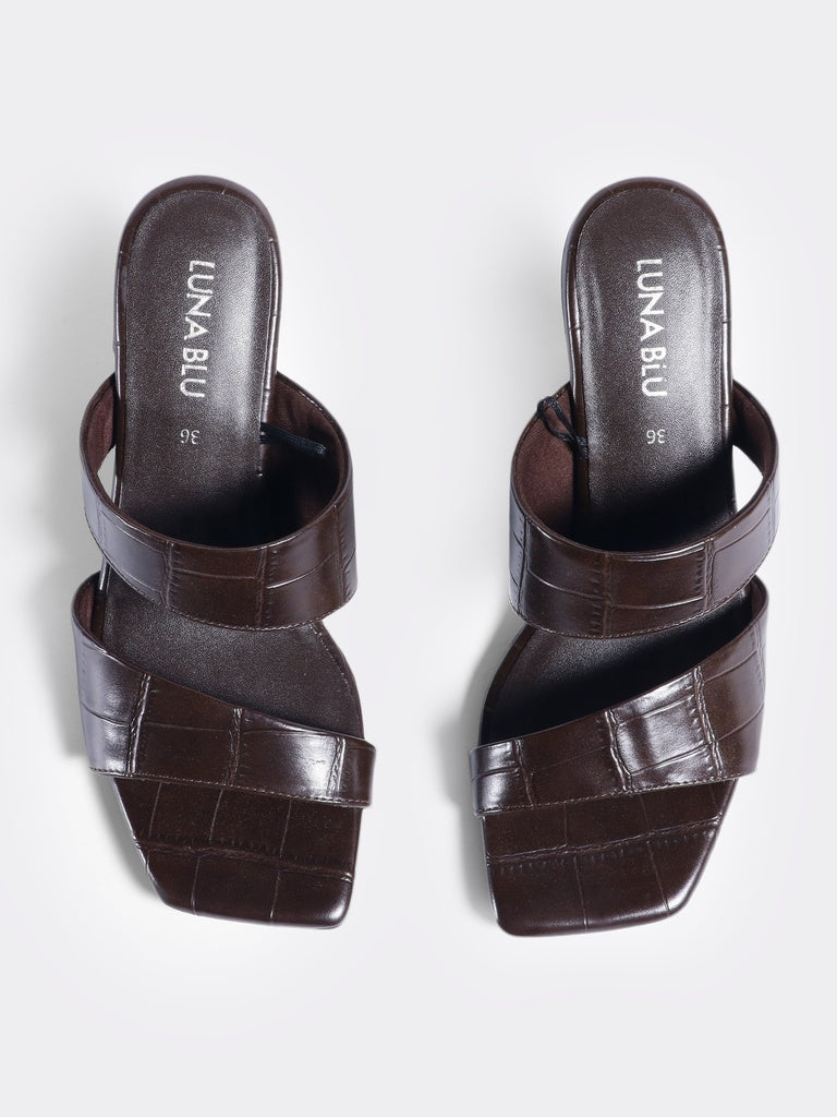 LUNA BLU Brown Double Strap Block Heel Sandals