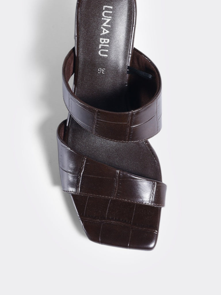 LUNA BLU Brown Double Strap Block Heel Sandals