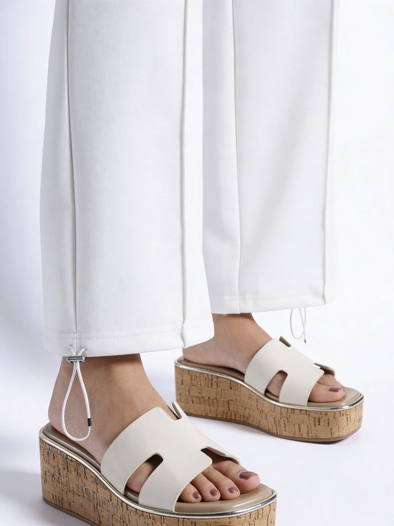LUNA BLU Woman Ivory Cork Textured Platform Wedge Heel Sandals