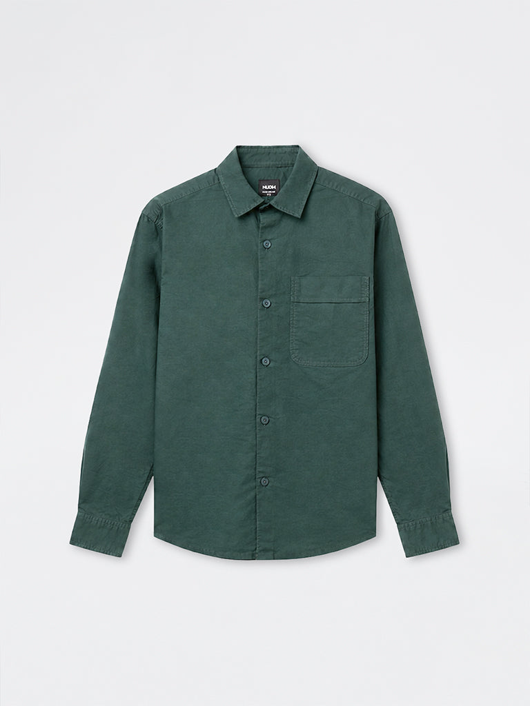 Nuon Green Solid Relaxed-Fit Cotton Shirt