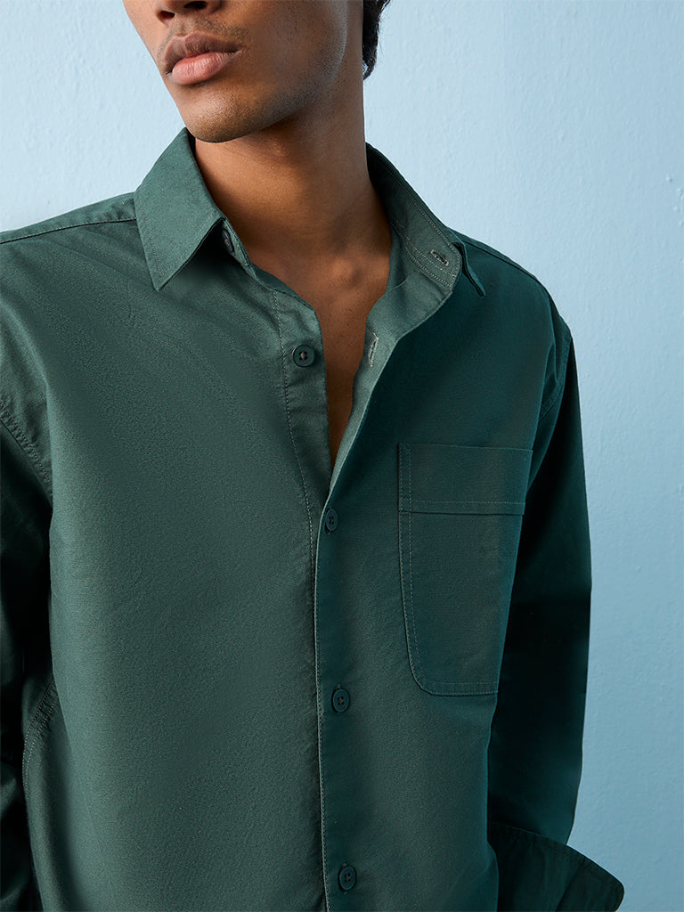 Nuon Green Solid Relaxed-Fit Cotton Shirt