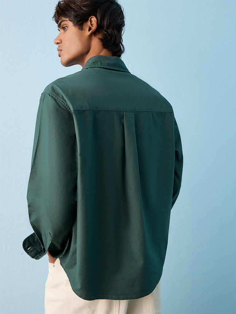 Nuon Green Solid Relaxed-Fit Cotton Shirt