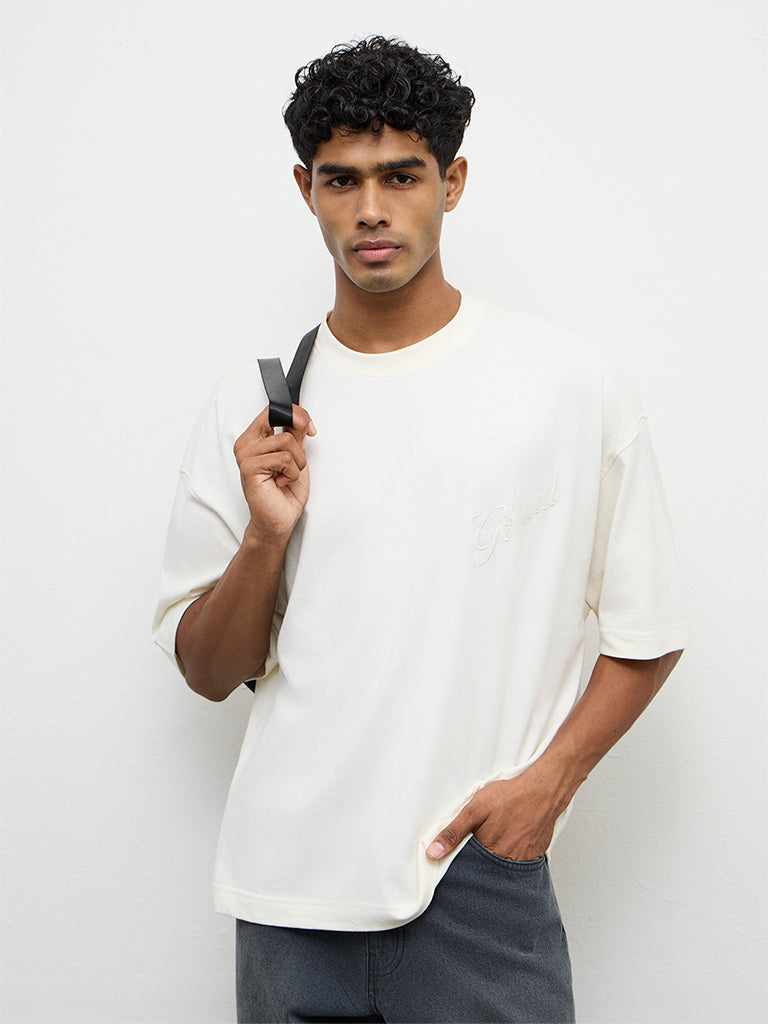 Nuon Off-White Text Embroidered Oversized Cotton T-Shirt