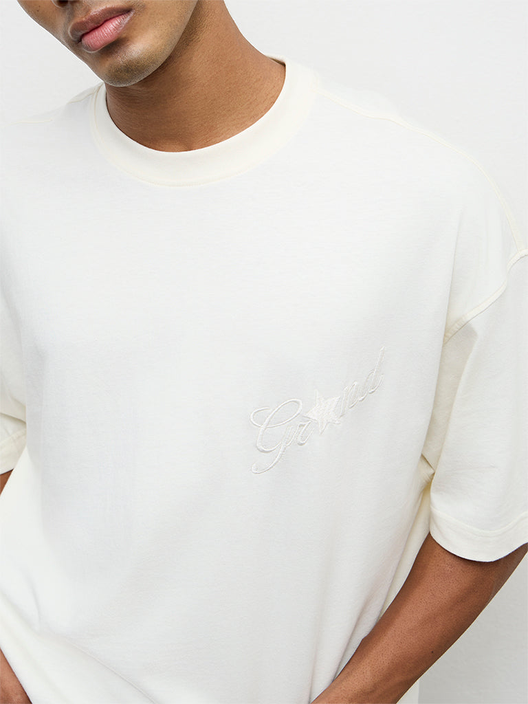 Nuon Off-White Text Embroidered Oversized Cotton T-Shirt