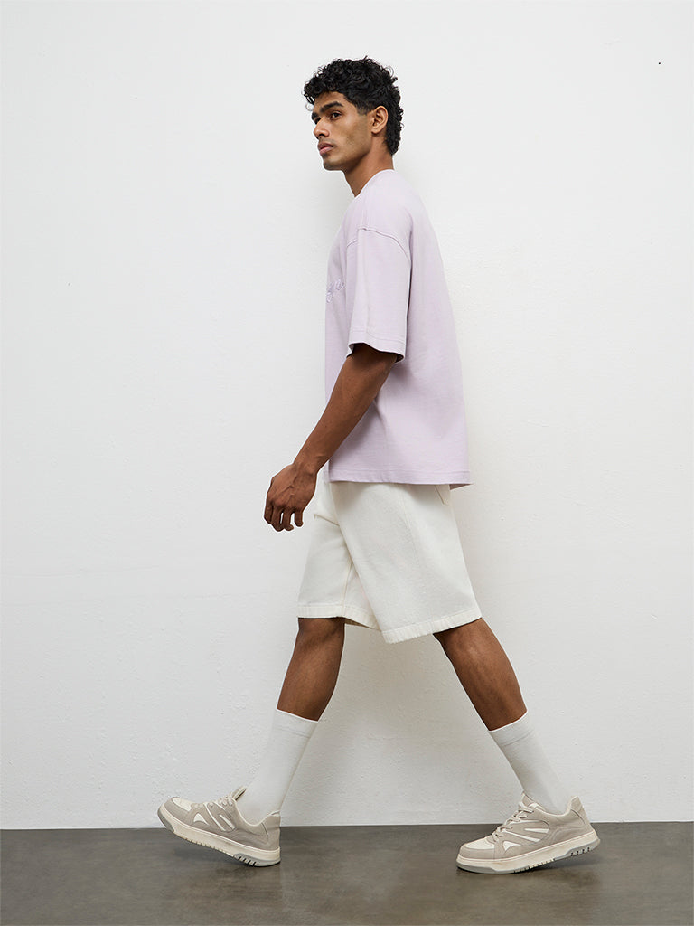 Nuon Lilac Text Embroidered Oversized Cotton T-Shirt