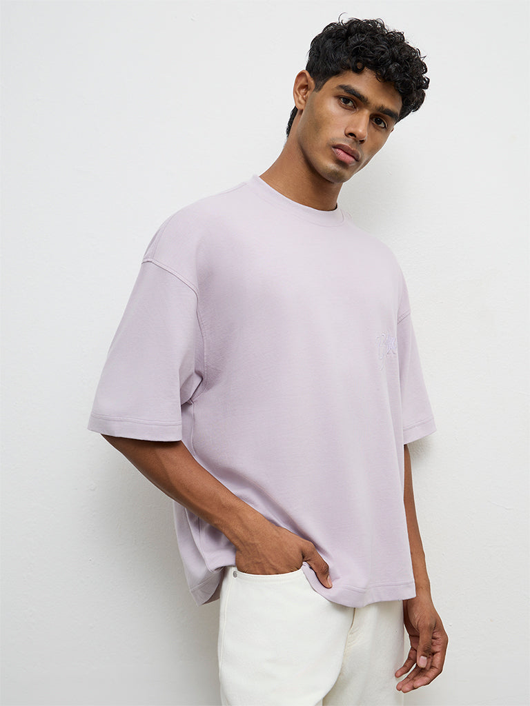 Nuon Lilac Text Embroidered Oversized Cotton T-Shirt