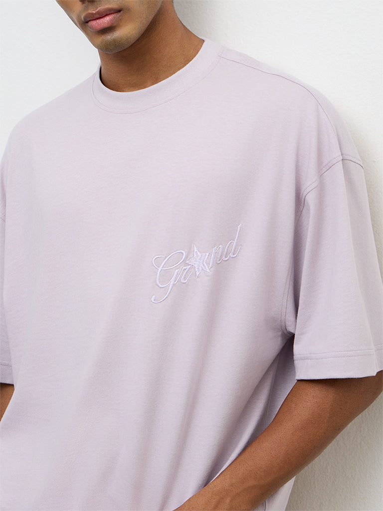 Nuon Lilac Text Embroidered Oversized Cotton T-Shirt