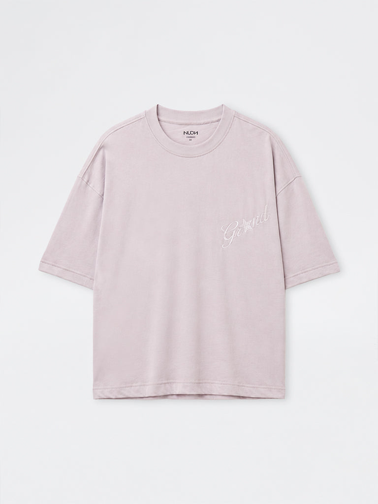 Nuon Lilac Text Embroidered Oversized Cotton T-Shirt