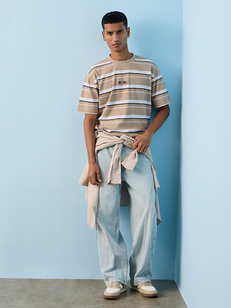 Nuon Taupe Striped Relaxed-Fit Cotton T-Shirt
