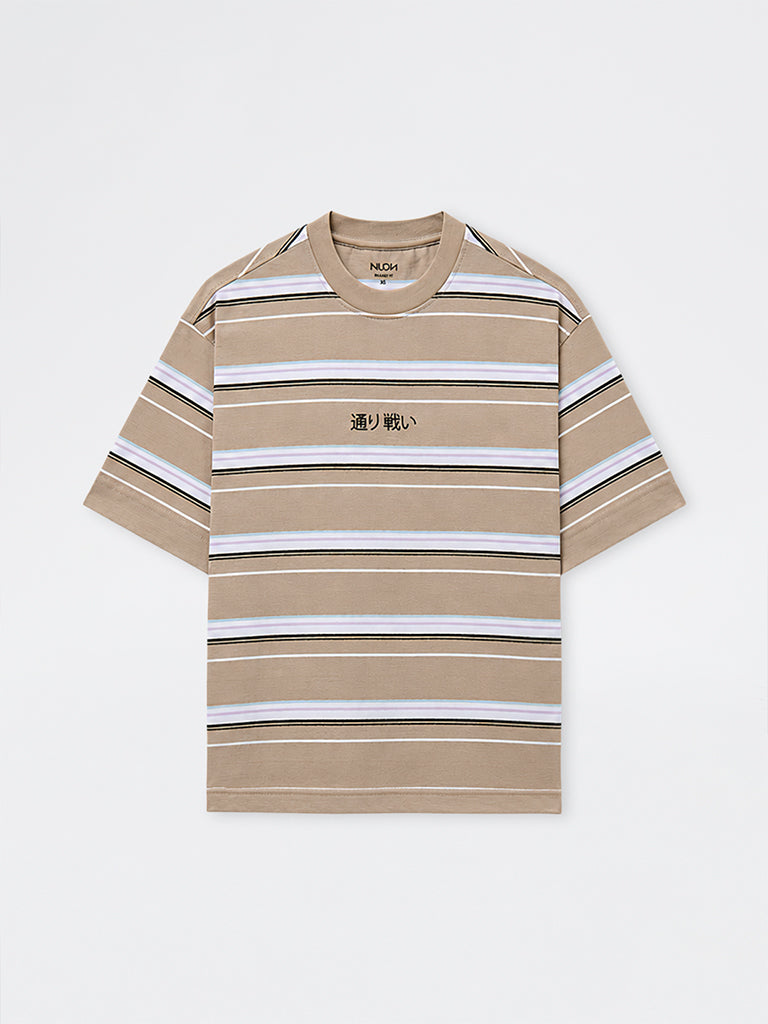 Nuon Taupe Striped Relaxed-Fit Cotton T-Shirt
