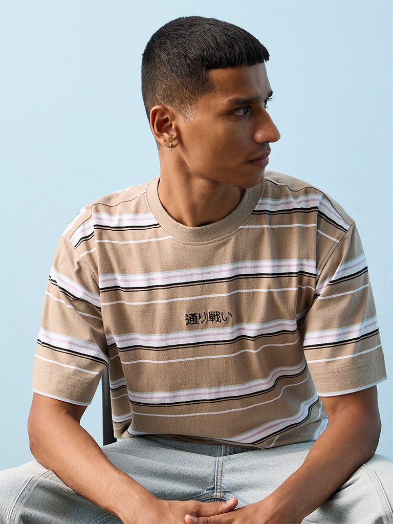 Nuon Taupe Striped Relaxed-Fit Cotton T-Shirt
