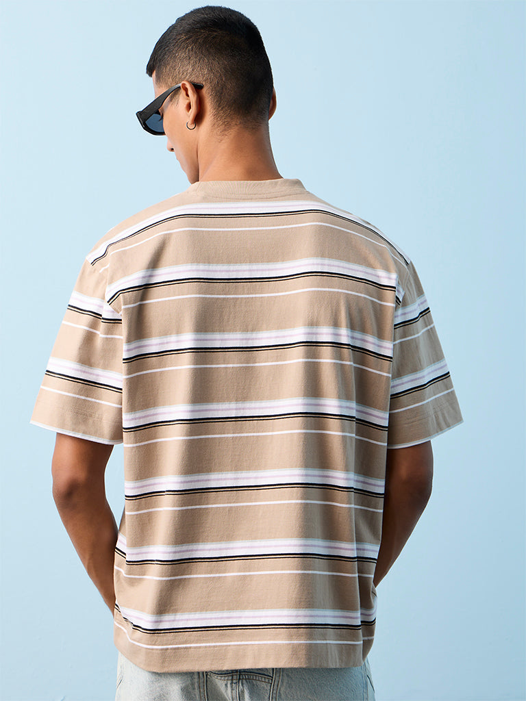 Nuon Taupe Striped Relaxed-Fit Cotton T-Shirt