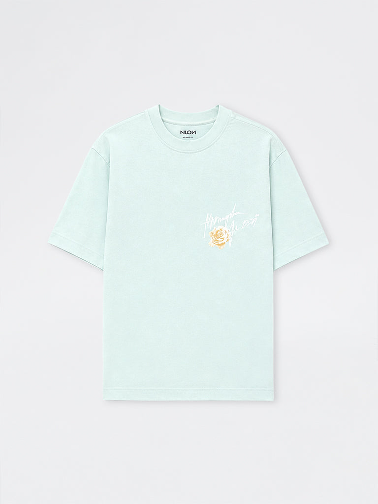 Nuon Light Teal Floral Printed Relaxed-Fit Cotton T-Shirt