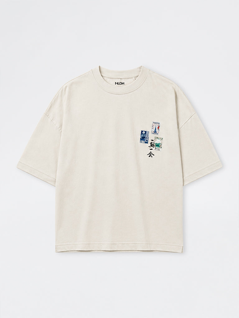 Nuon Off-White Postcard Printed Oversized-Fit Cotton T-Shirt