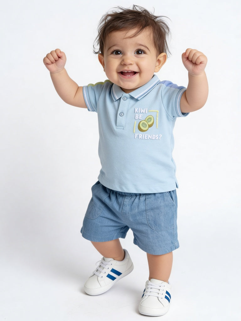 HOP Baby Boys Blue Printed Cotton T-Shirt and Shorts Set