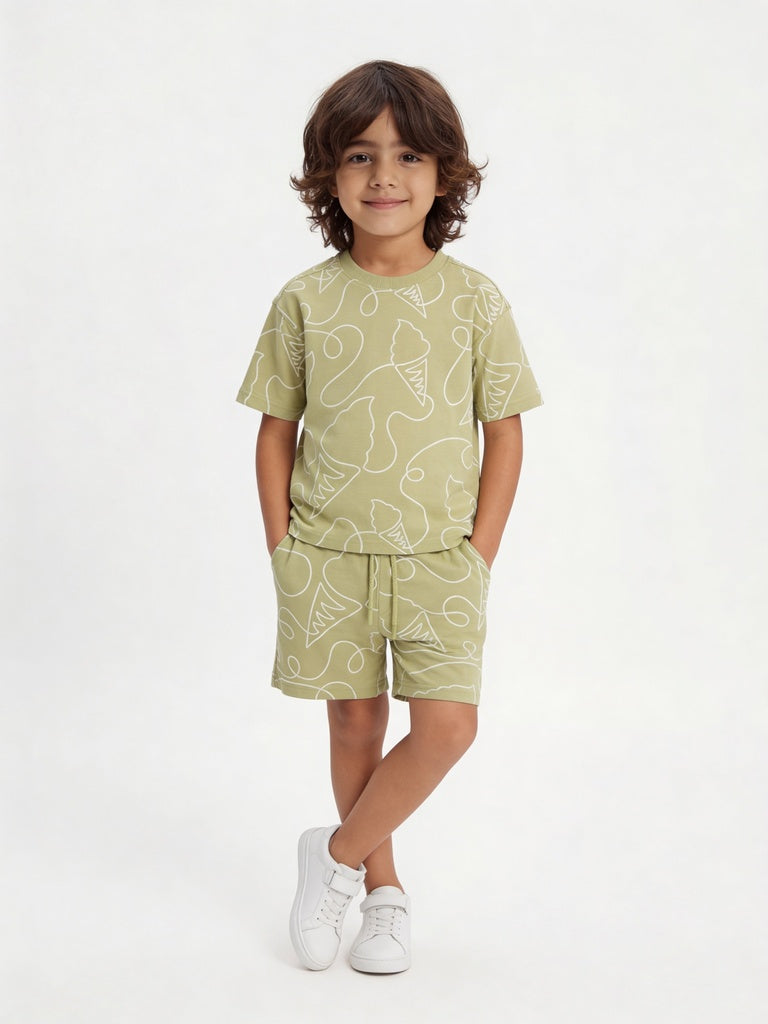 HOP Kids Boys Sage Printed Cotton T-Shirt and Shorts Set