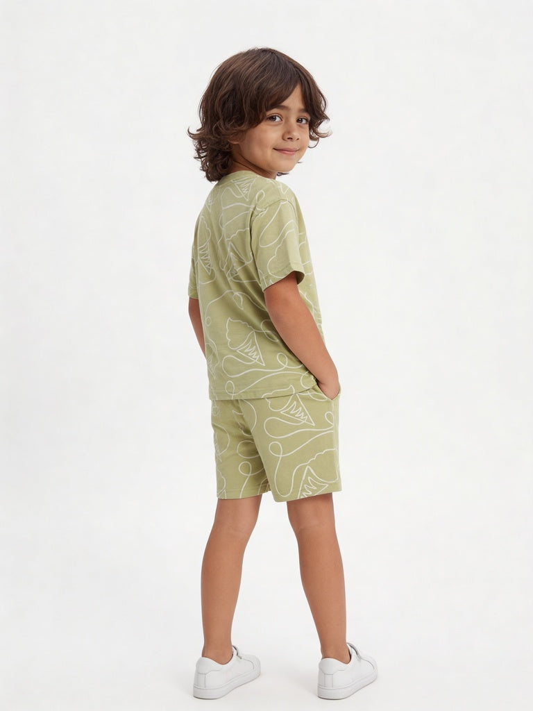 HOP Kids Boys Sage Printed Cotton T-Shirt and Shorts Set