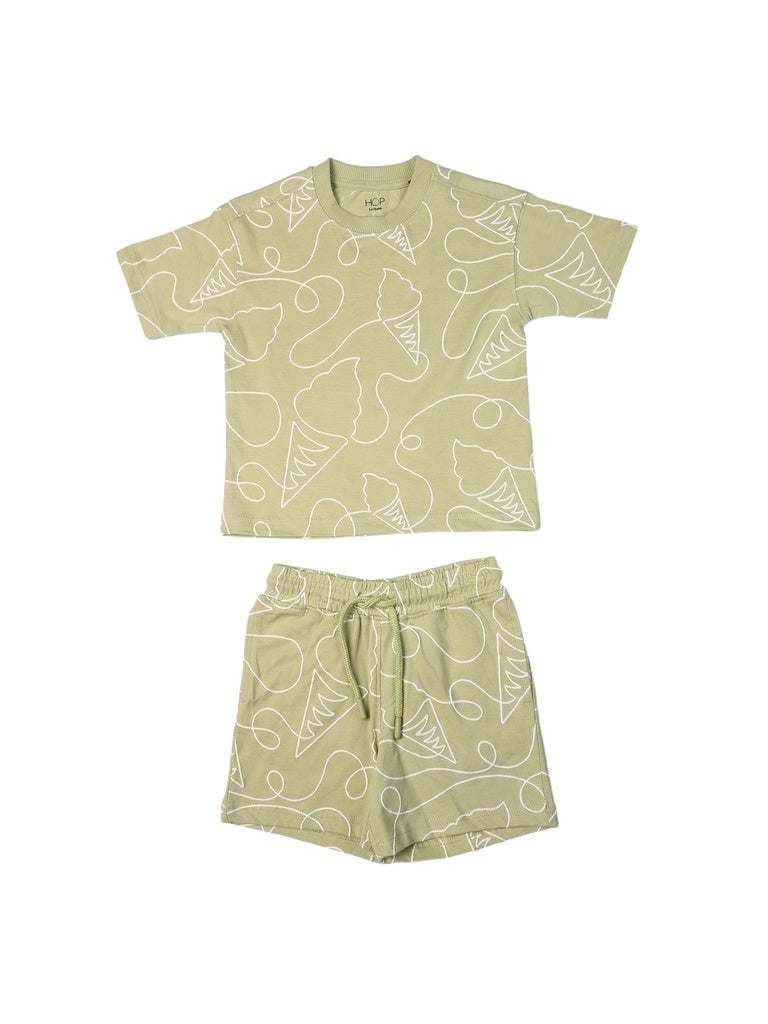 HOP Kids Boys Sage Printed Cotton T-Shirt and Shorts Set