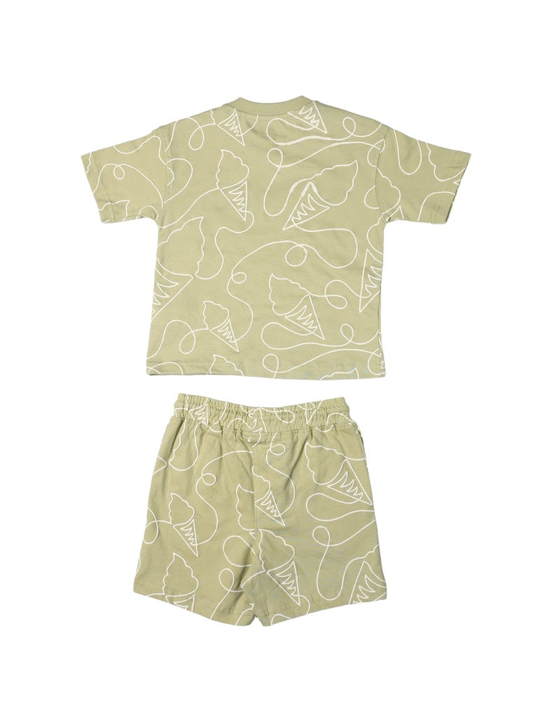 HOP Kids Boys Sage Printed Cotton T-Shirt and Shorts Set