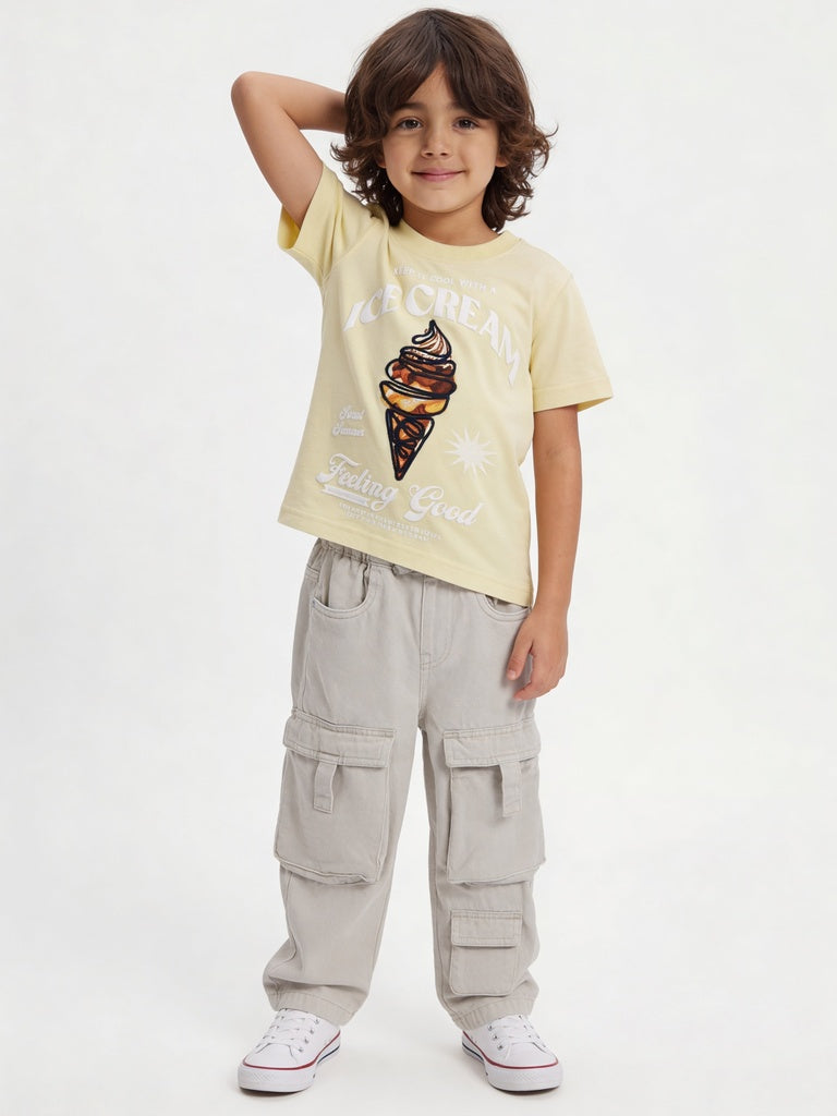 HOP Kids Boys Yellow Printed Cotton T-Shirt