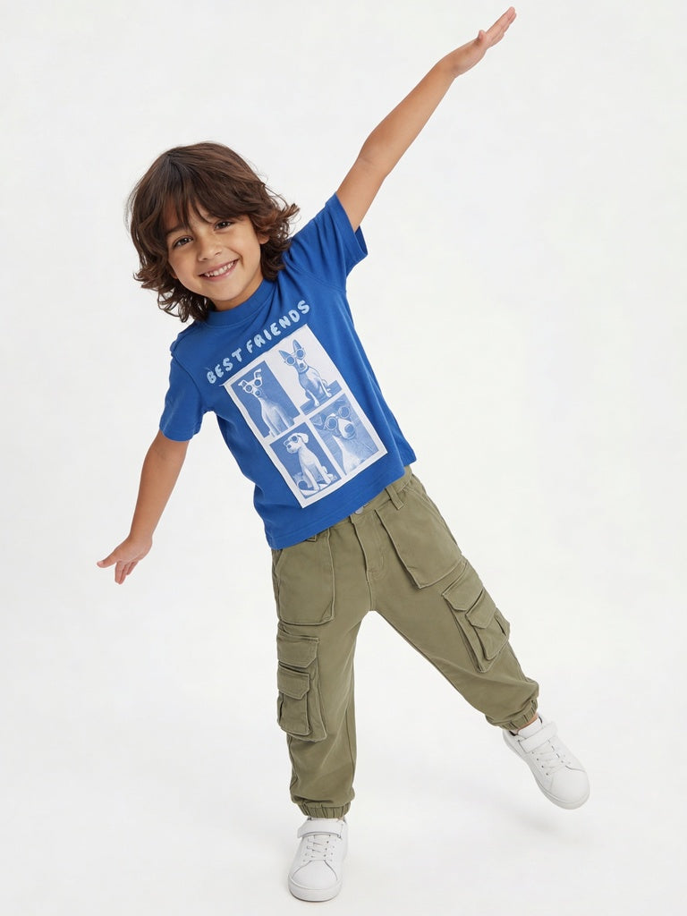 HOP Kids Boys Blue Printed Cotton T-Shirt