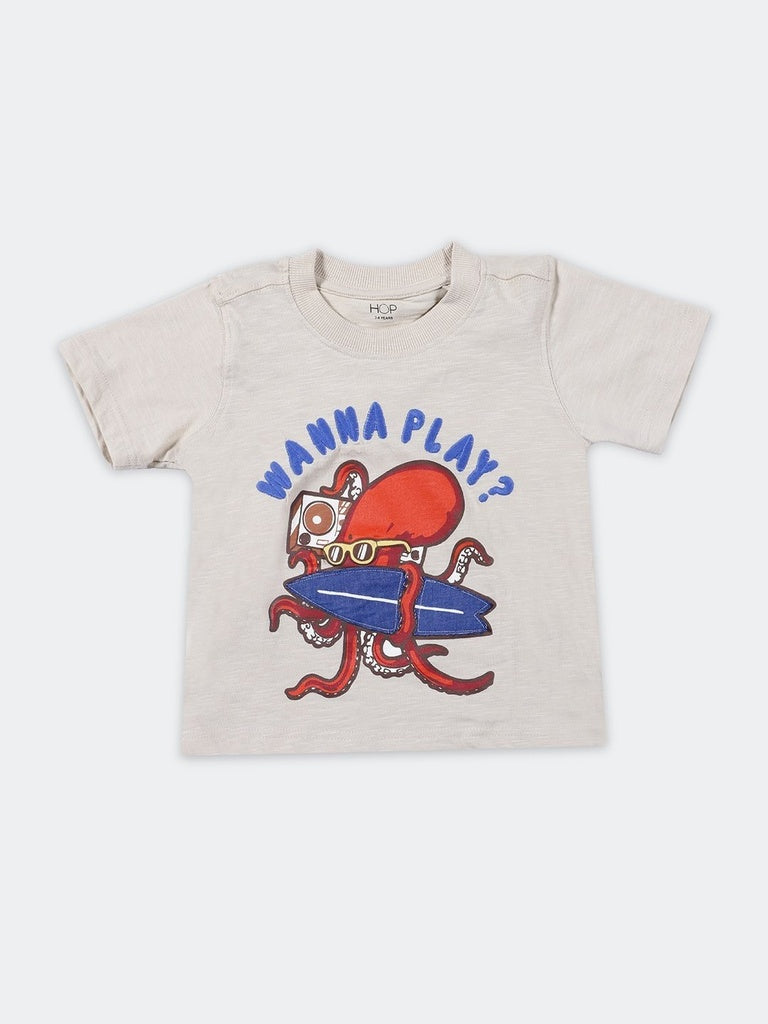 HOP Kids Boys Beige Stone Octopus Graphic Printed T-Shirt