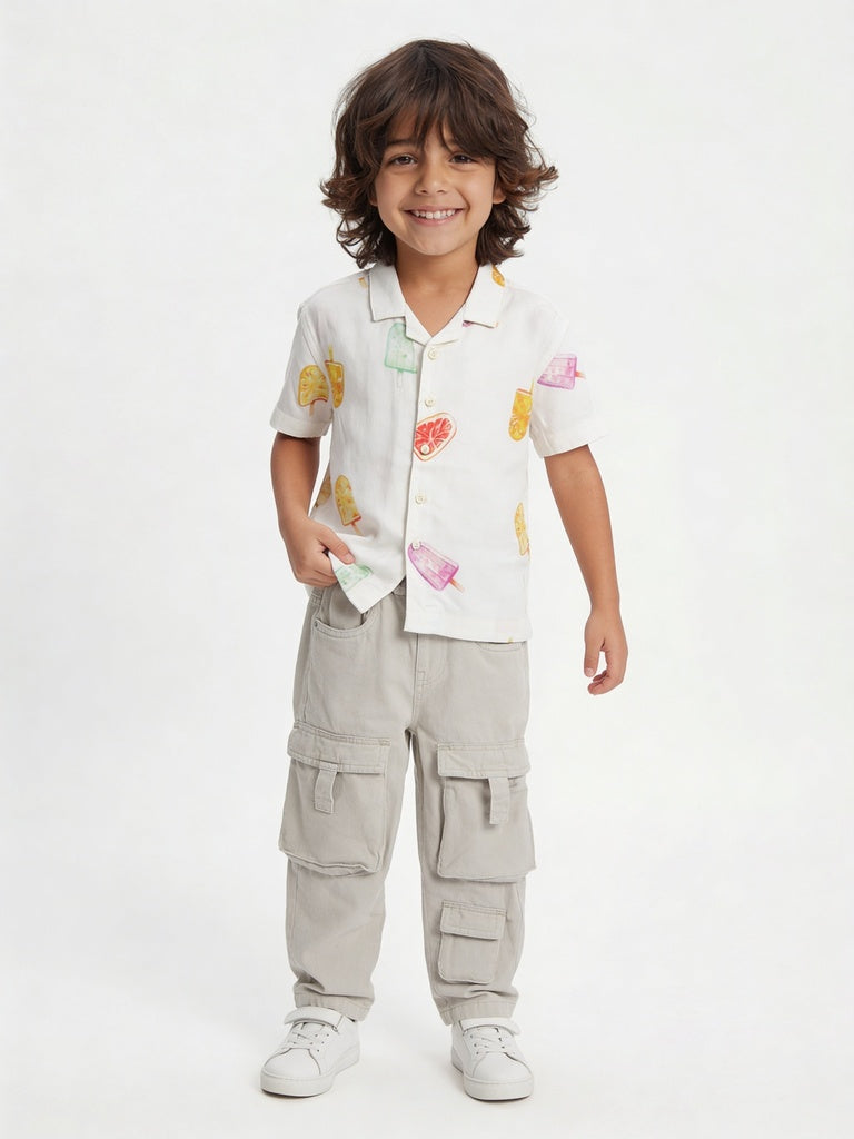HOP Kids Boys Off-White Popsicle Printed Regular Fit Shirt