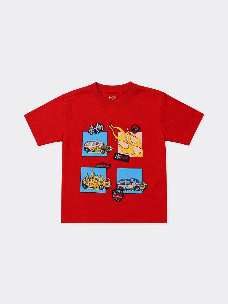 HOP Kids Boys Red Racing Graphic Printed Cotton T-Shirt