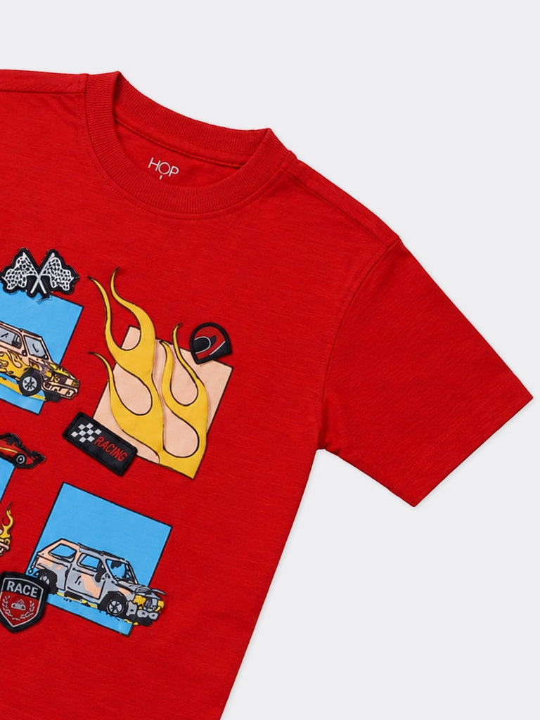 HOP Kids Boys Red Racing Graphic Printed Cotton T-Shirt