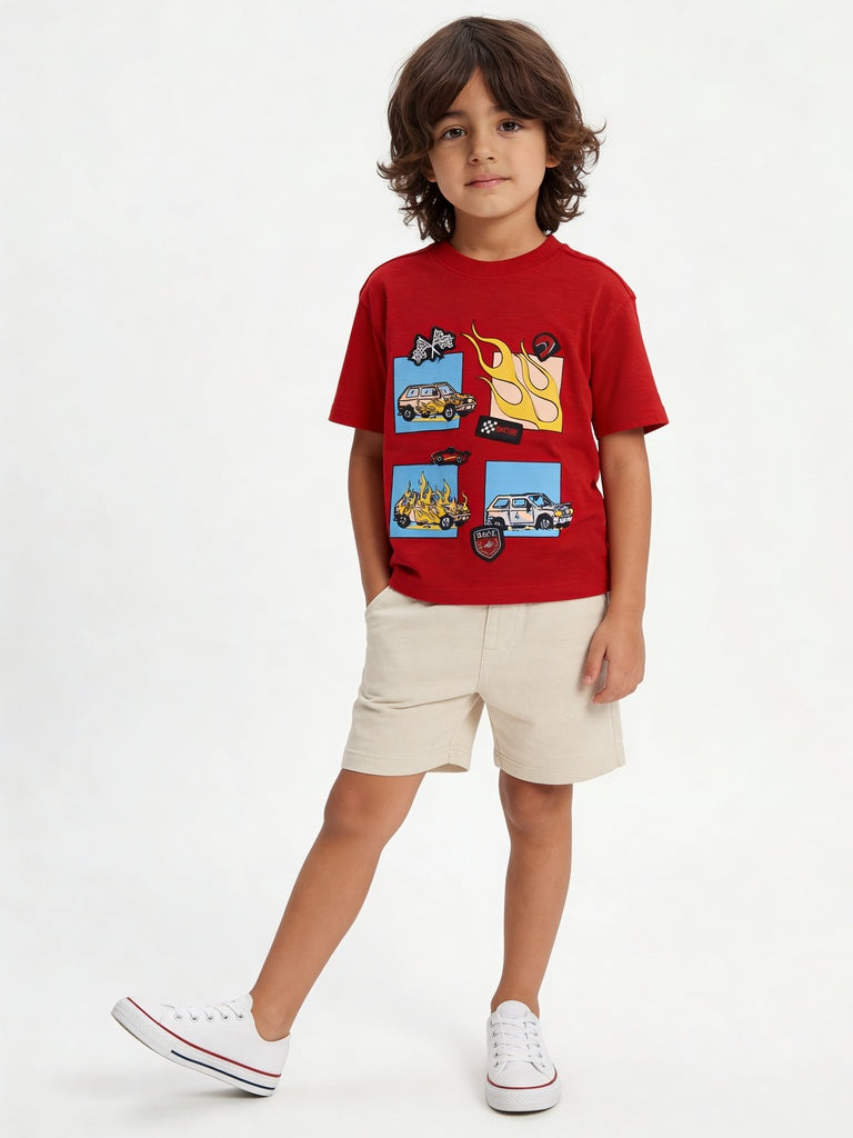 HOP Kids Boys Red Racing Graphic Printed Cotton T-Shirt