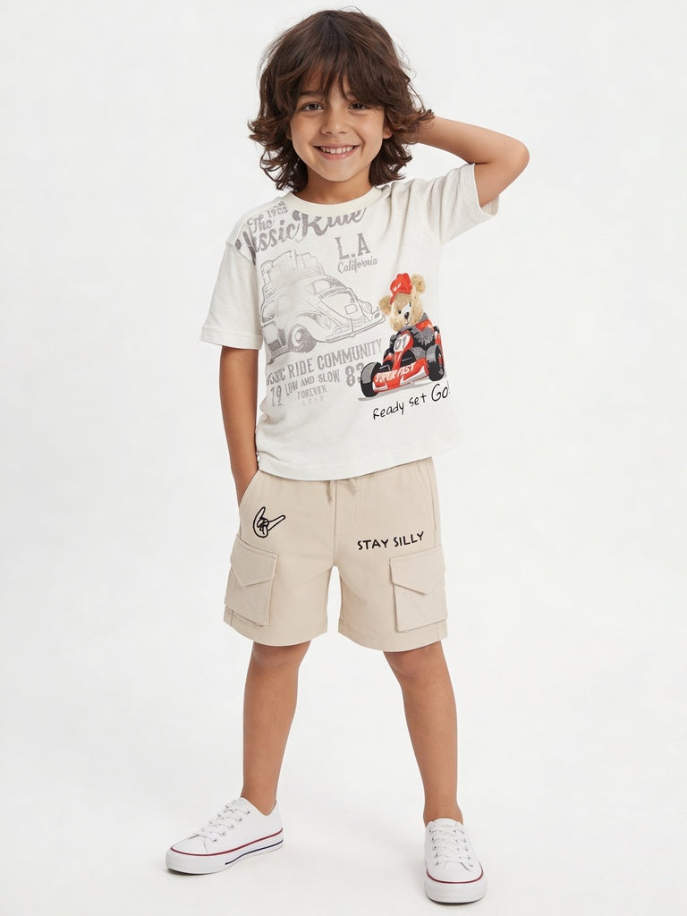 HOP Kids Boys Off-White Bear Racing Graphic Cotton T-Shirt