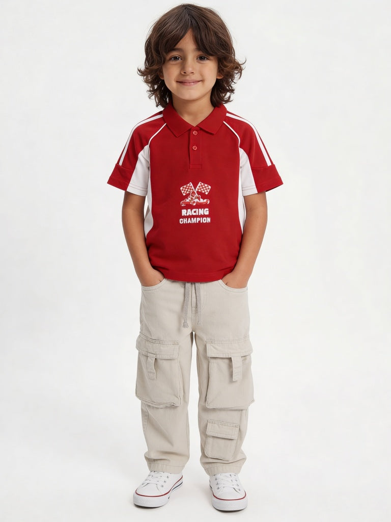 HOP Kids Boys Red Racing Graphic Cotton Polo T-Shirt