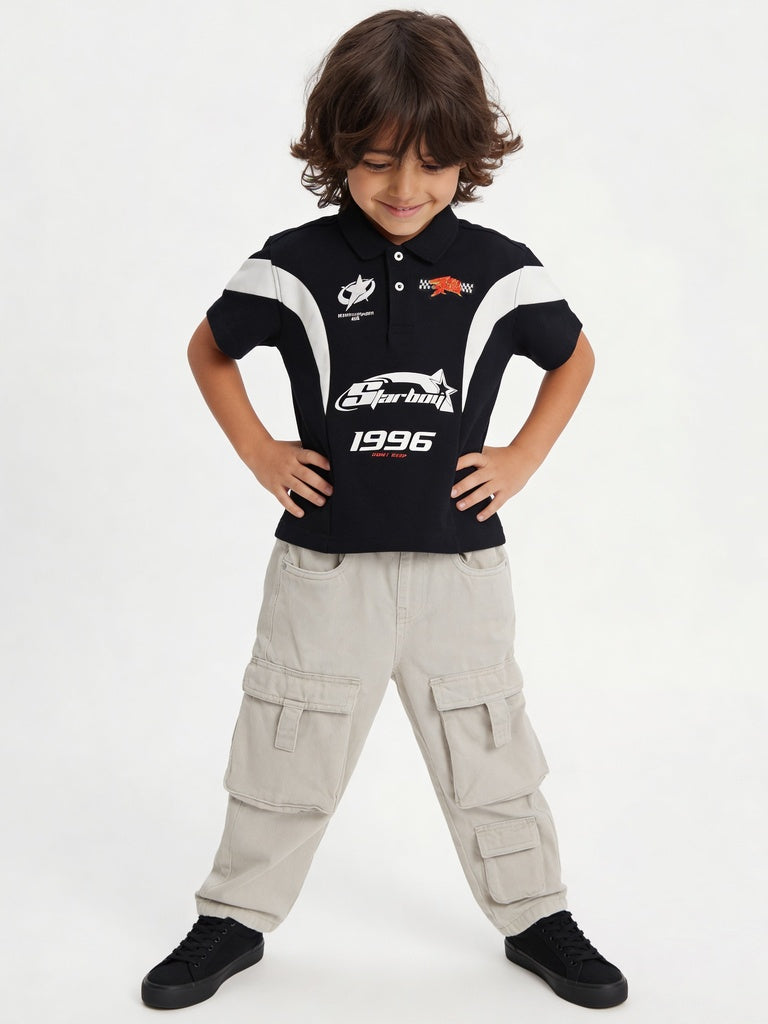 HOP Kids Boys Black Graphic Printed Cotton Polo T-Shirt