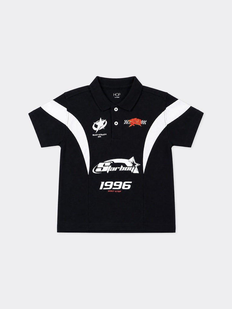 HOP Kids Boys Black Graphic Printed Cotton Polo T-Shirt