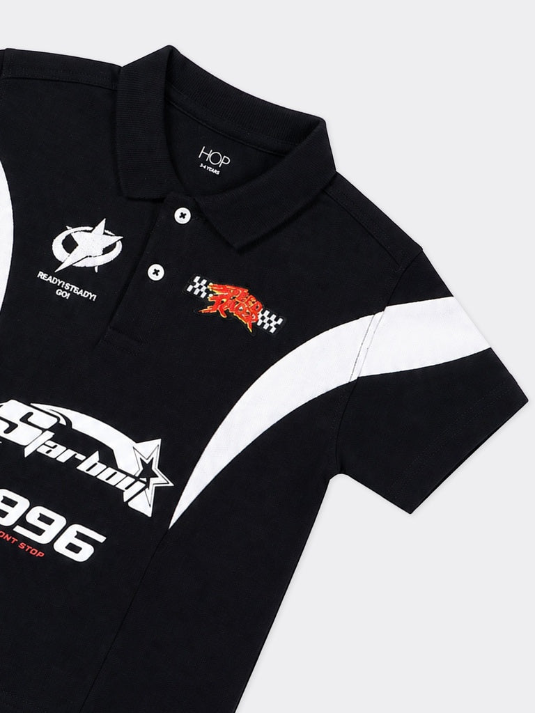 HOP Kids Boys Black Graphic Printed Cotton Polo T-Shirt