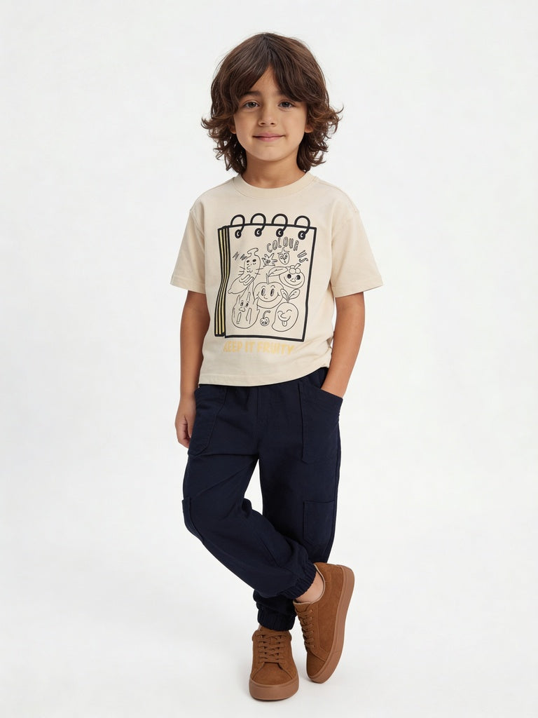 HOP Kids Boys Beige Printed Cotton T-Shirt