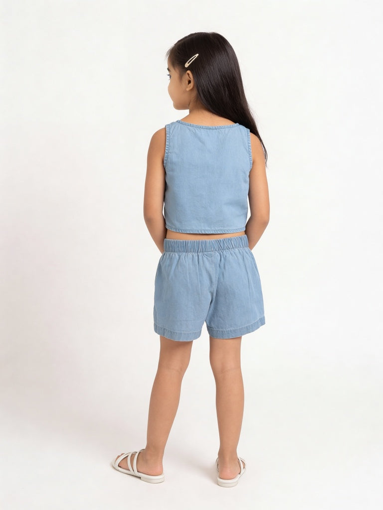 HOP Kids Girls Light Blue Embroidered Denim Top and Shorts Set