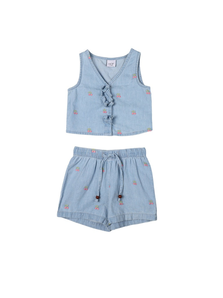 HOP Kids Girls Light Blue Embroidered Denim Top and Shorts Set