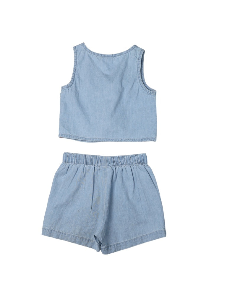 HOP Kids Girls Light Blue Embroidered Denim Top and Shorts Set