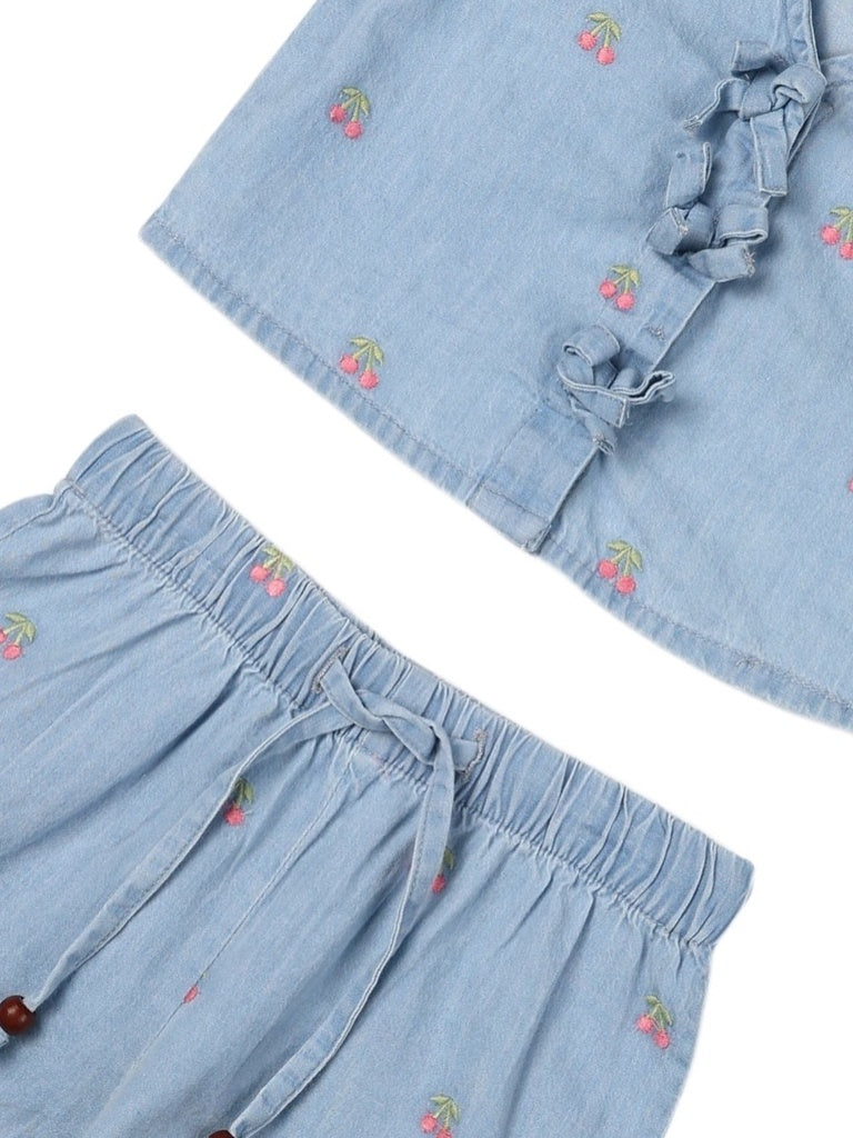 HOP Kids Girls Light Blue Embroidered Denim Top and Shorts Set
