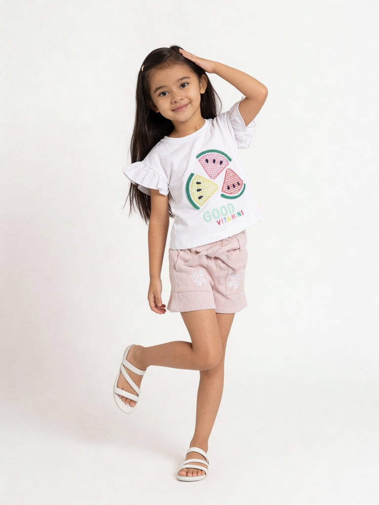 HOP Kids Girls Off-White Watermelon Embroidered Cotton Top