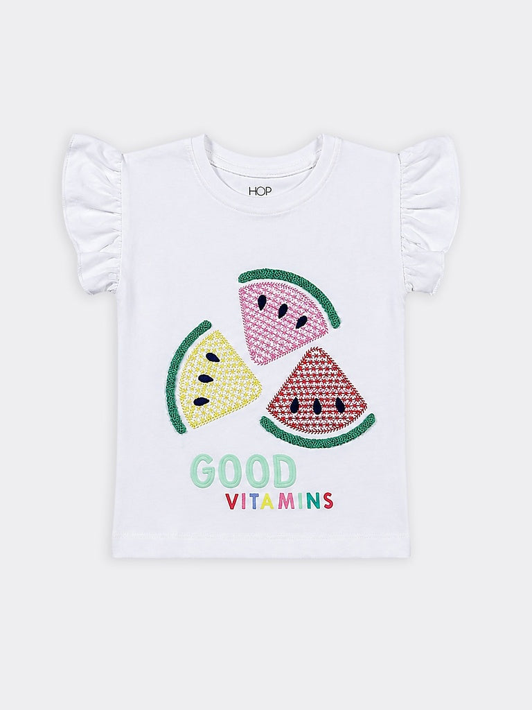HOP Kids Girls Off-White Watermelon Embroidered Cotton Top