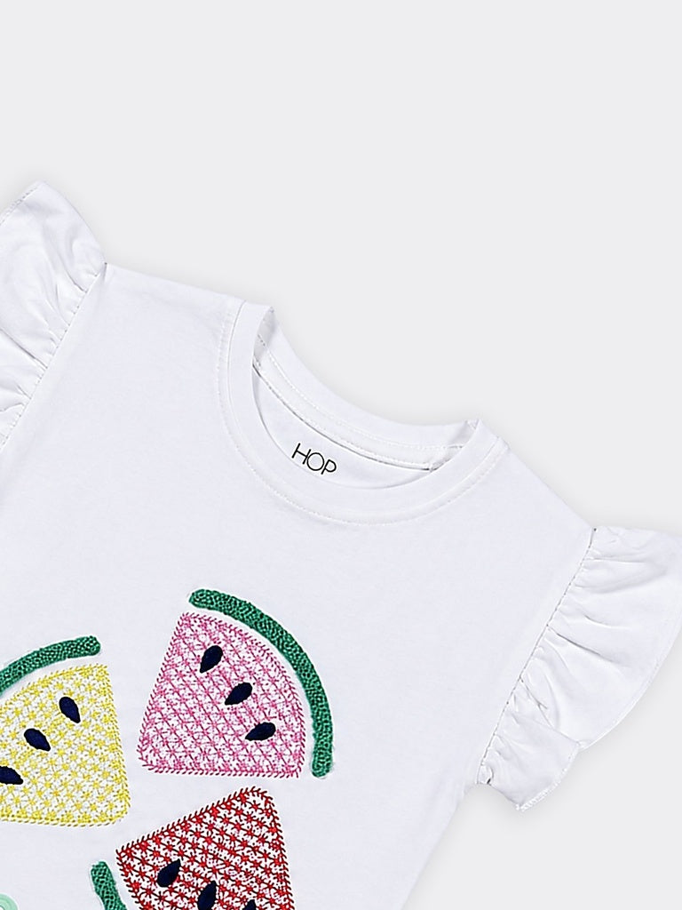 HOP Kids Girls Off-White Watermelon Embroidered Cotton Top