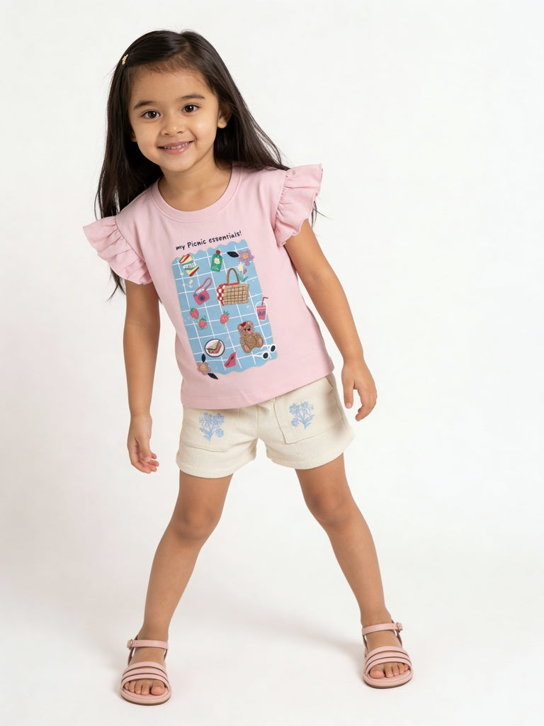 HOP Kids Girls Pink Picnic Printed Cotton Top